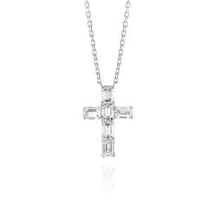 Medium Emerald Cut Diamond Cross Pendant White Gold