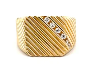 Mens Fluted Design and Diagonal Diamond Row Pinky Ring in 18k Yellow Gold