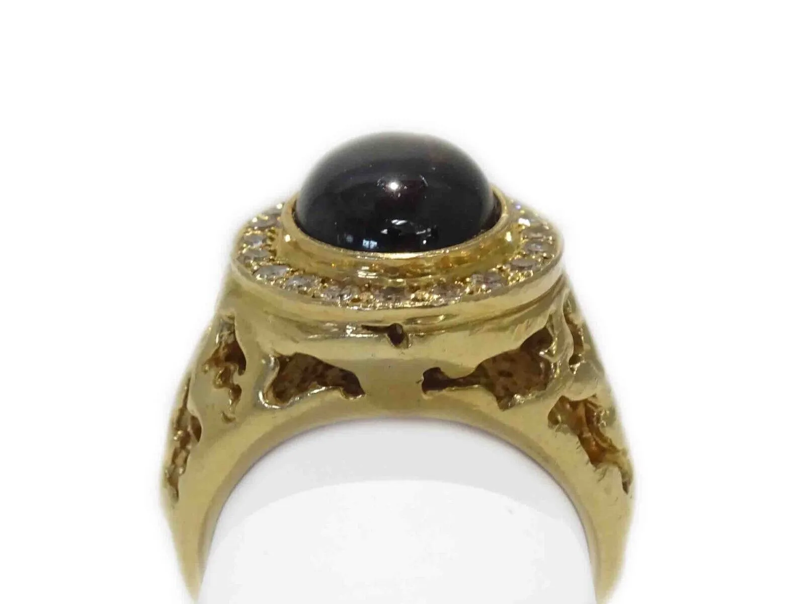 Men's Large Black Star Sapphire & Diamond Halo Ring 14k Gold Size 9