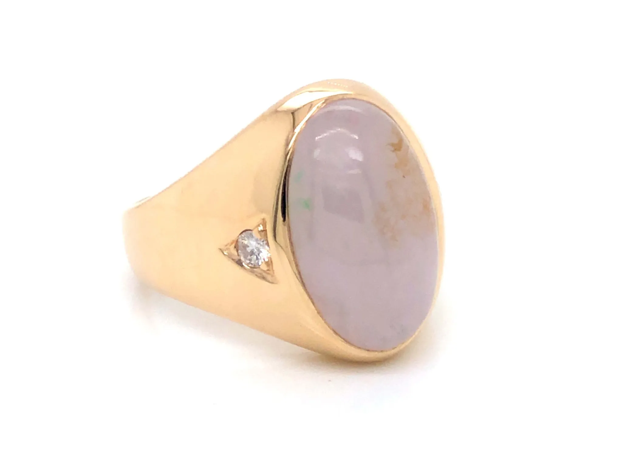 Men's Oval White Jade and Diamond Ring - 14k Yellow Gold