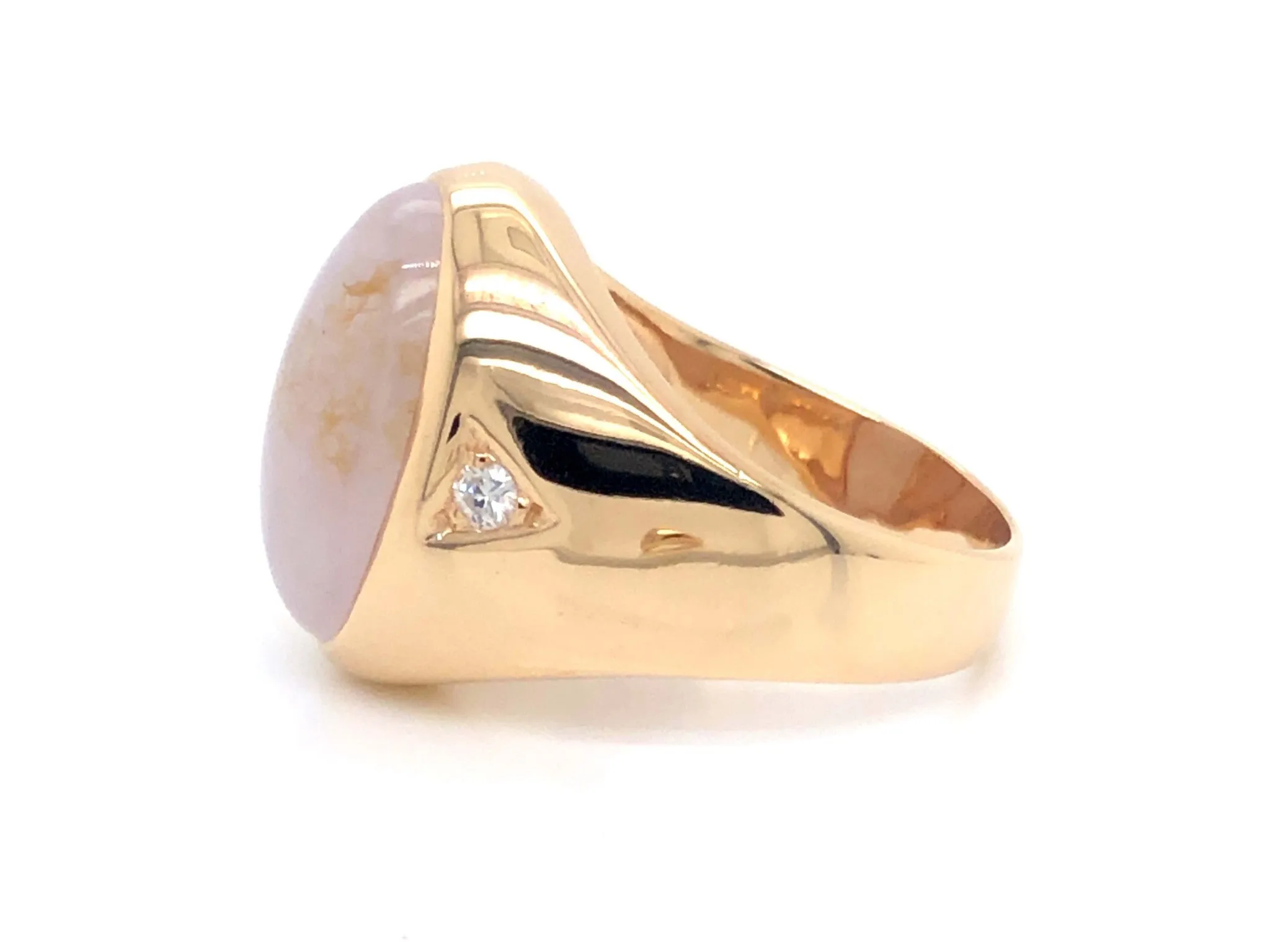 Men's Oval White Jade and Diamond Ring - 14k Yellow Gold