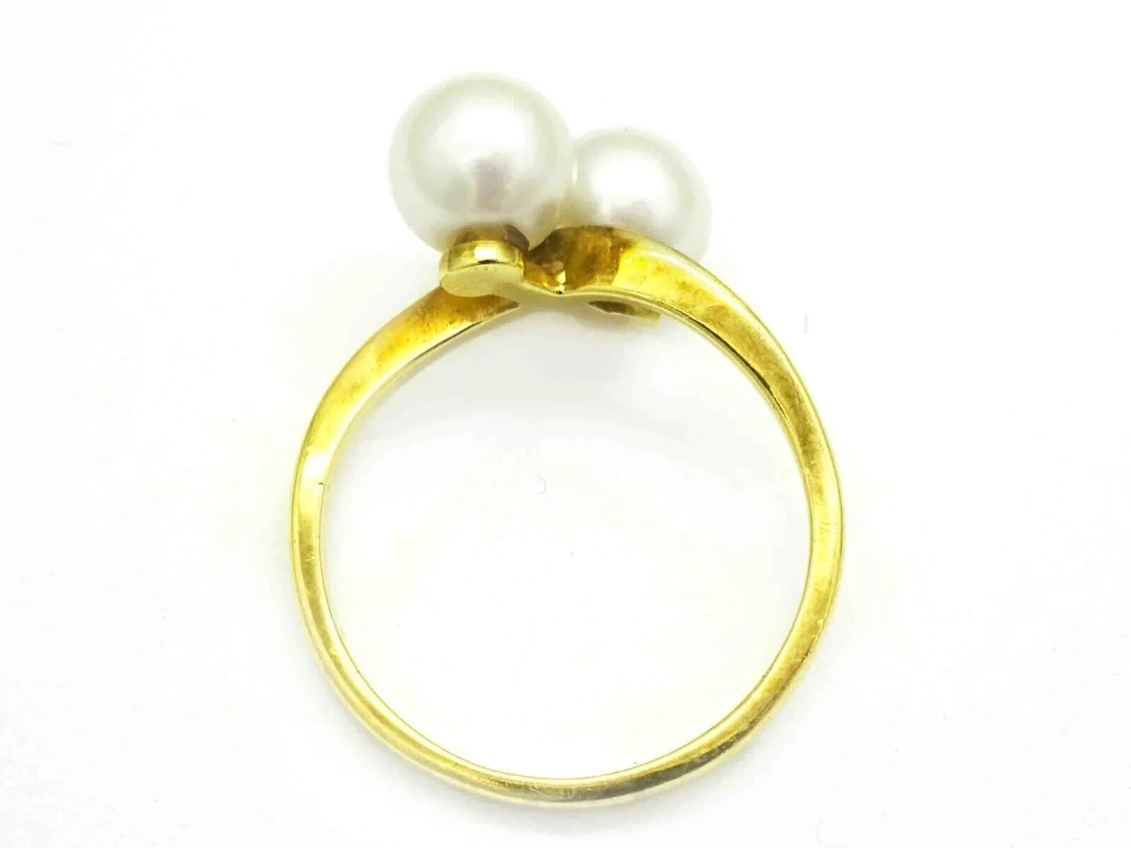 Mikimoto 7mm Wide Double Pearl Bypass Style Band Ring 14k Gold Size 7.5