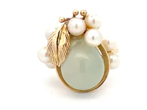 Mings Green Pear Shaped Jade and Pearl Leaf Design Ring in 14k Yellow Gold