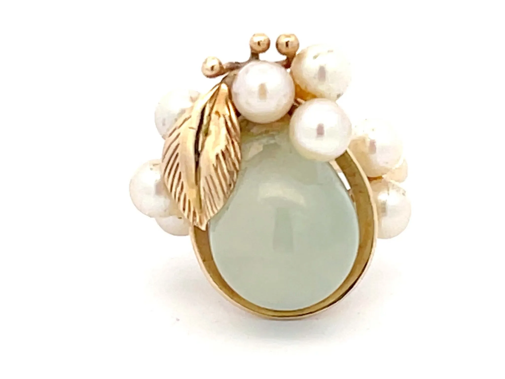 Mings Green Pear Shaped Jade and Pearl Leaf Design Ring in 14k Yellow Gold
