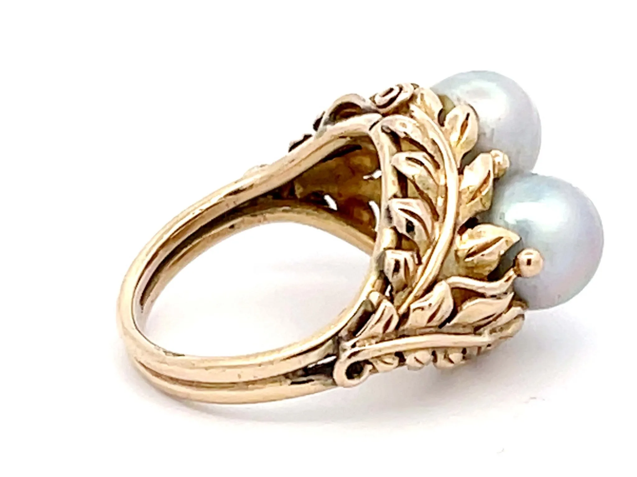 Mings Two Baroque Pearl and Leaf Design Ring in 14k Yellow Gold