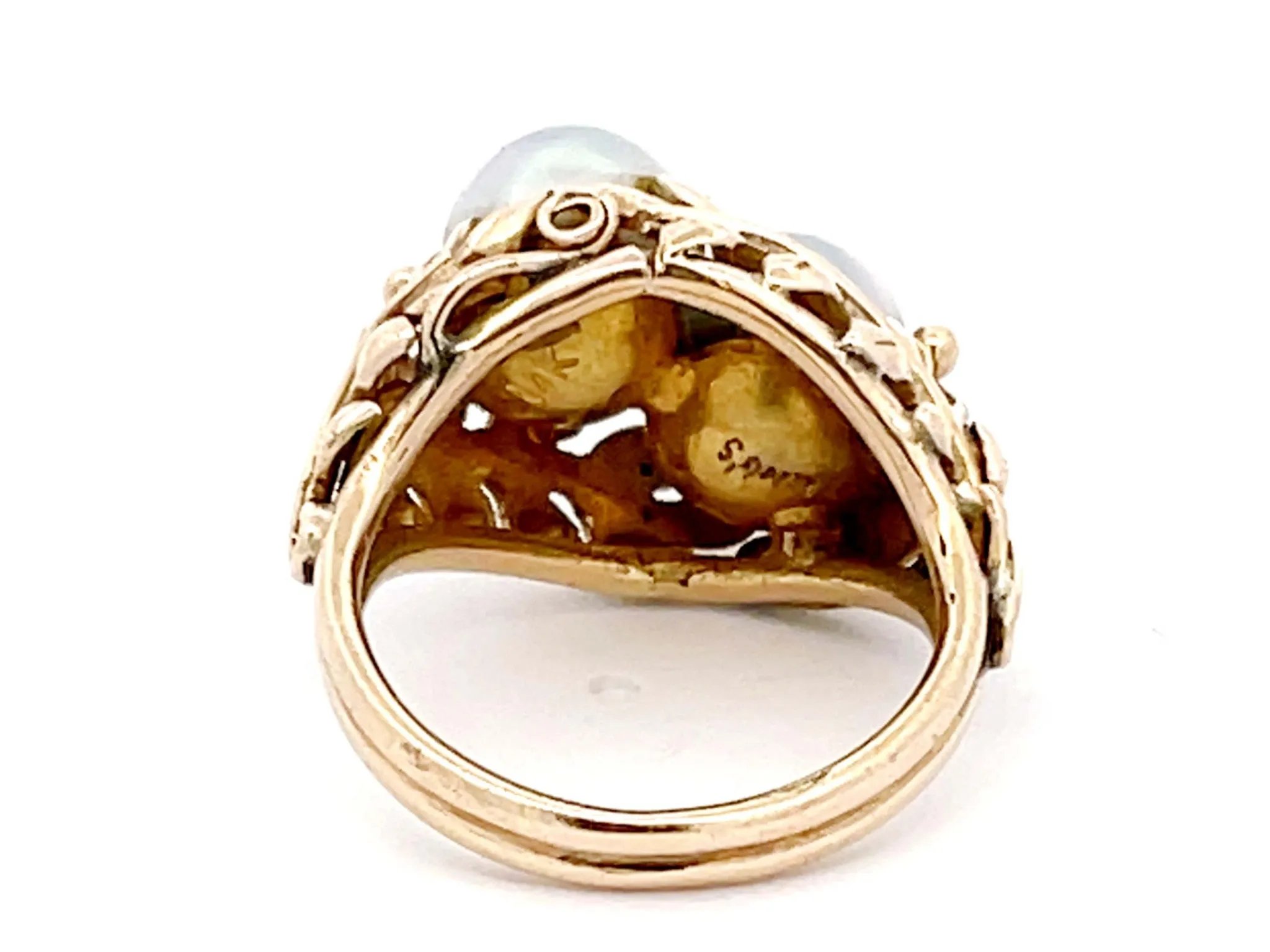 Mings Two Baroque Pearl and Leaf Design Ring in 14k Yellow Gold