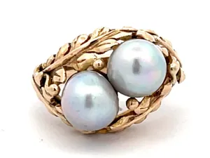 Mings Two Baroque Pearl and Leaf Design Ring in 14k Yellow Gold
