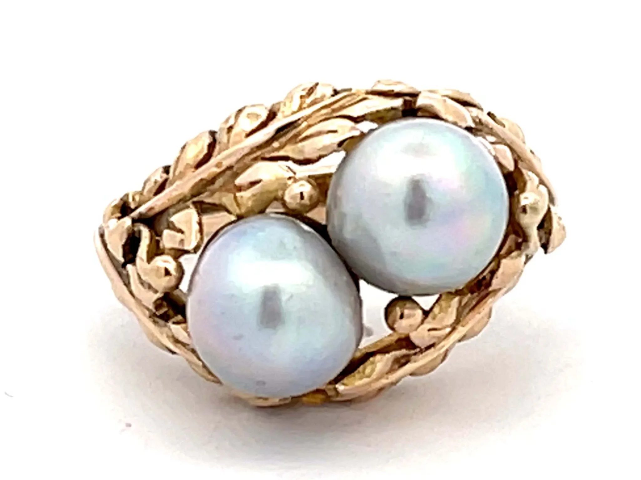 Mings Two Baroque Pearl and Leaf Design Ring in 14k Yellow Gold