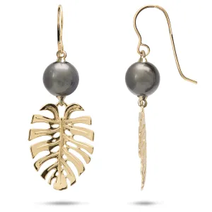 Monstera Tahitian Black Pearl Earrings in Gold - 23mm