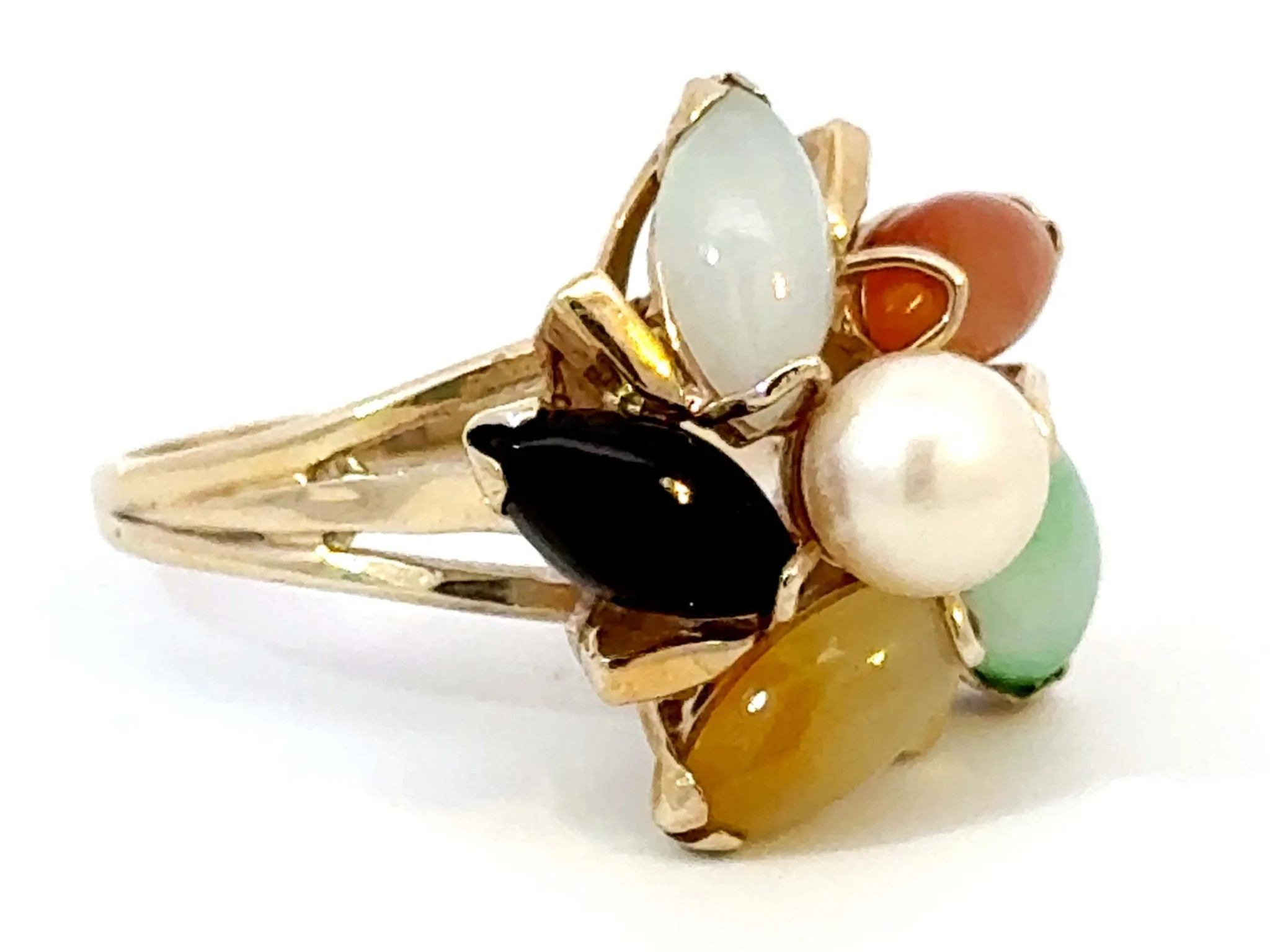 Multi Colored Jade Flower and Pearl Center Ring 14K Yellow Gold