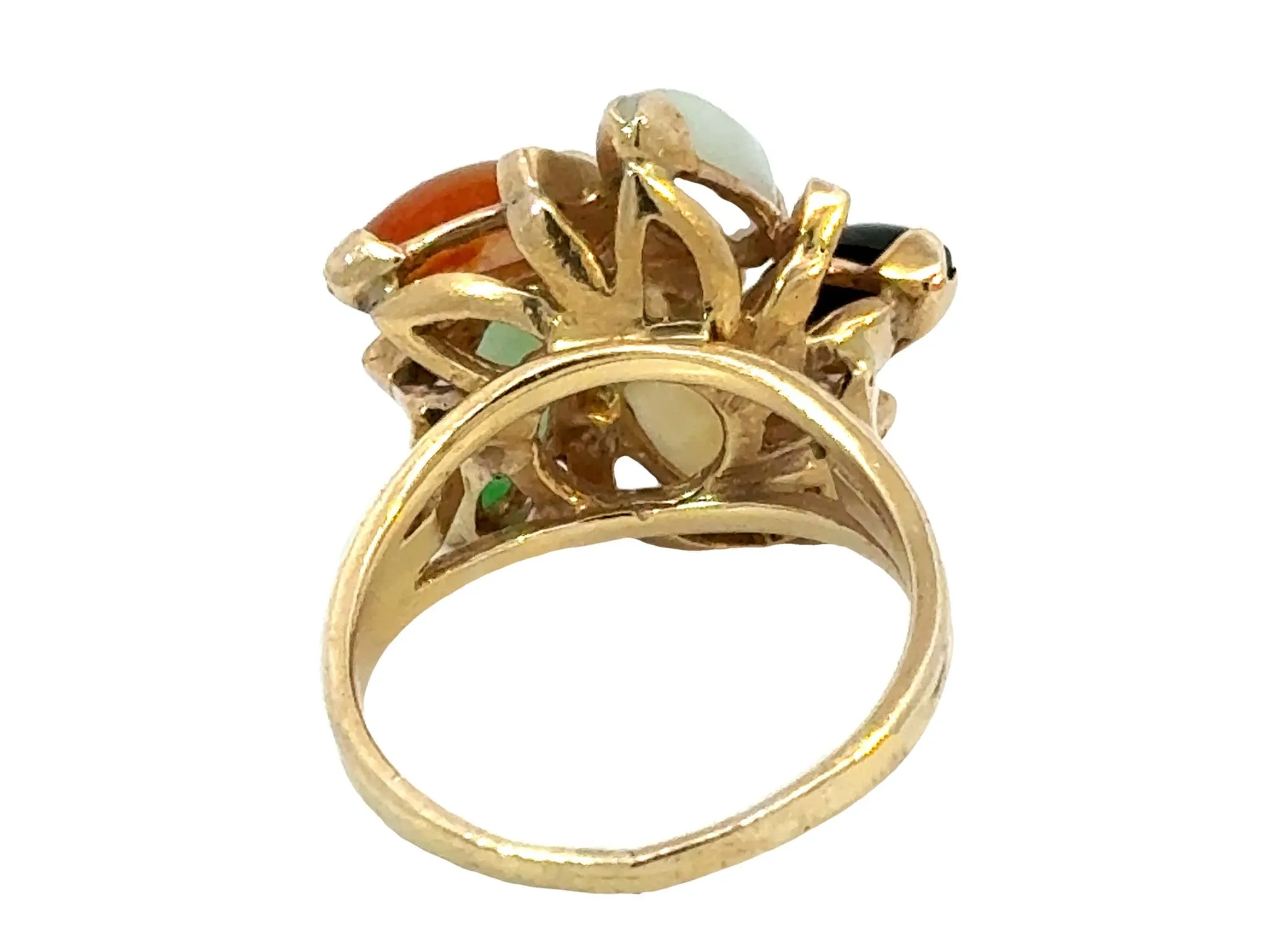 Multi Colored Jade Flower and Pearl Center Ring 14K Yellow Gold