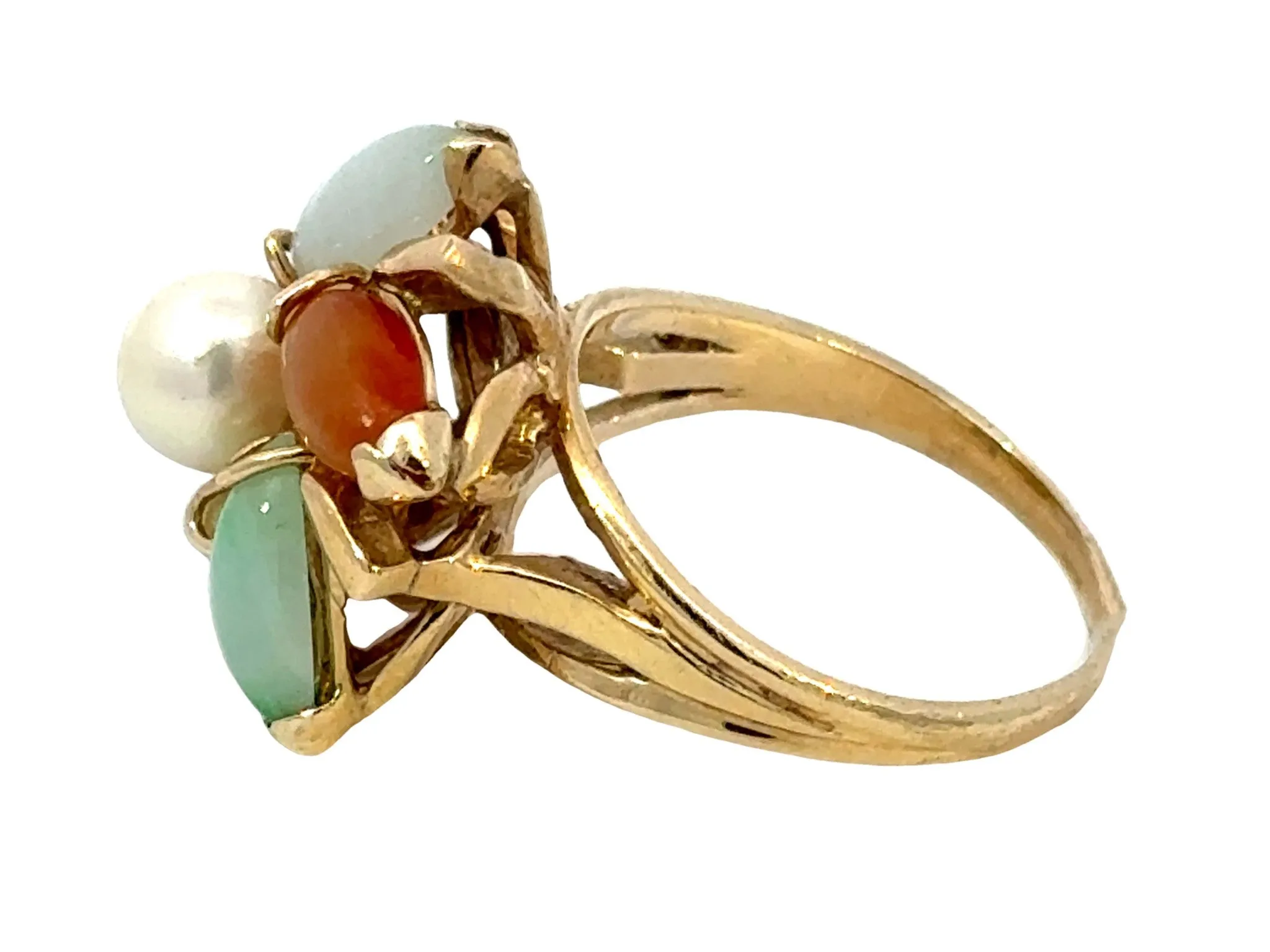 Multi Colored Jade Flower and Pearl Center Ring 14K Yellow Gold