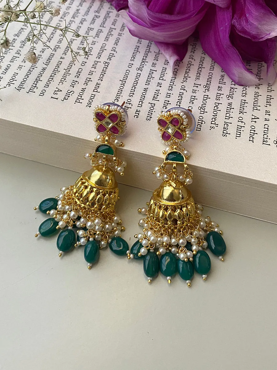Multicolor Gold Plated Jadau Kundan Earrings - ME919M