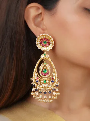 Multicolor Gold Plated Jadau Kundan Earrings - ME974M