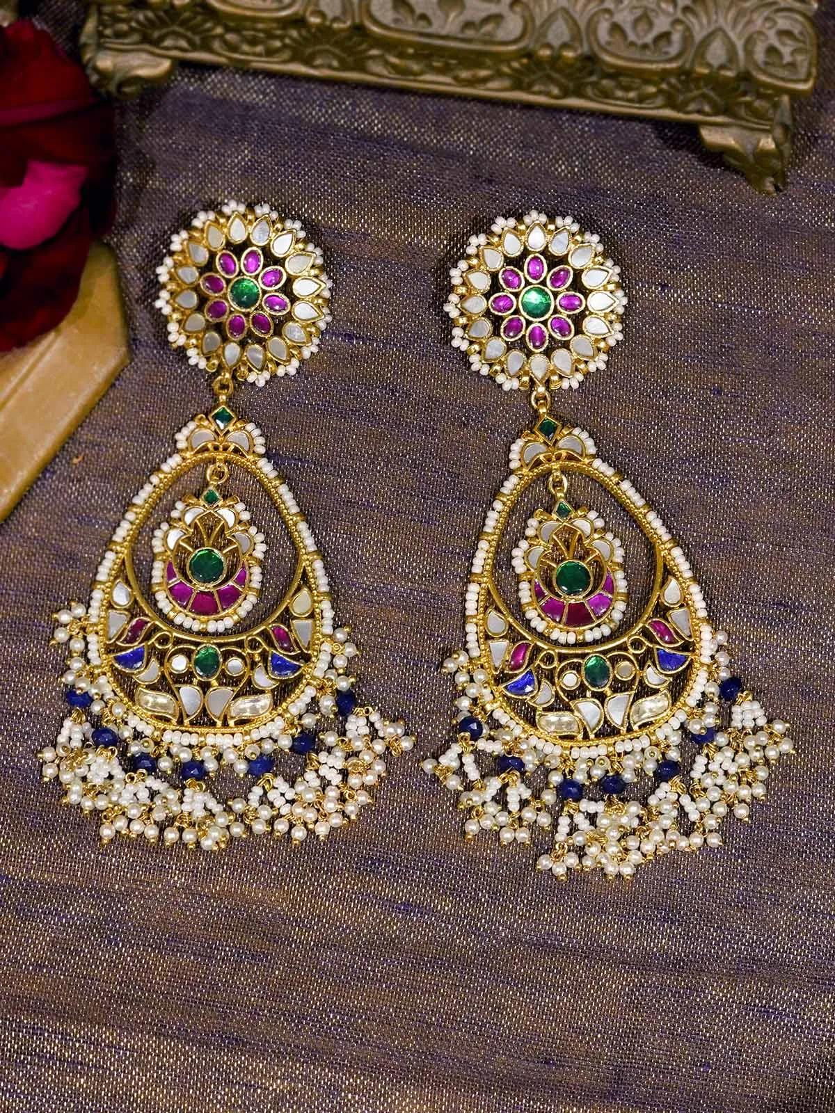 Multicolor Gold Plated Jadau Kundan Earrings - ME974M