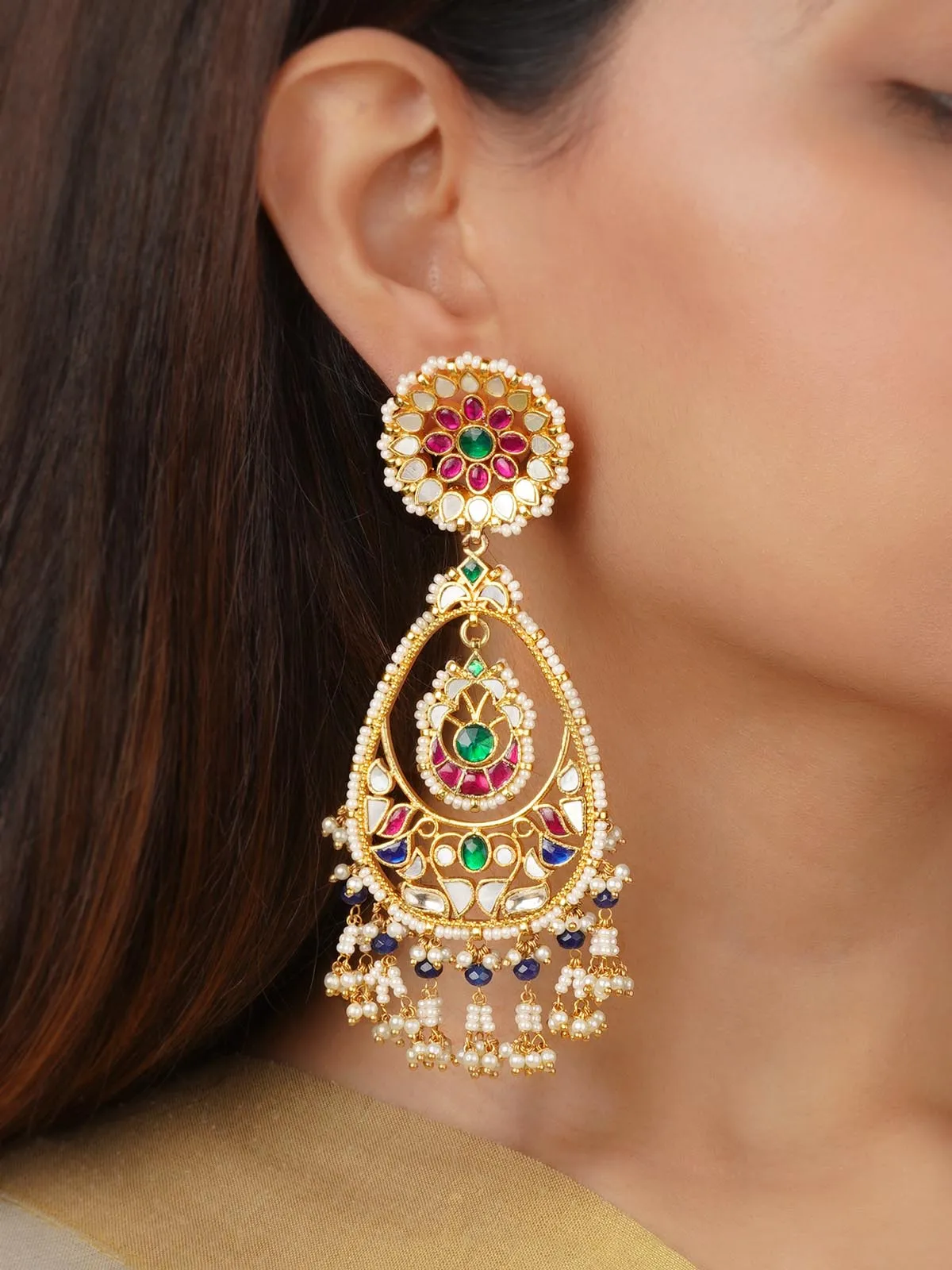 Multicolor Gold Plated Jadau Kundan Earrings - ME974M