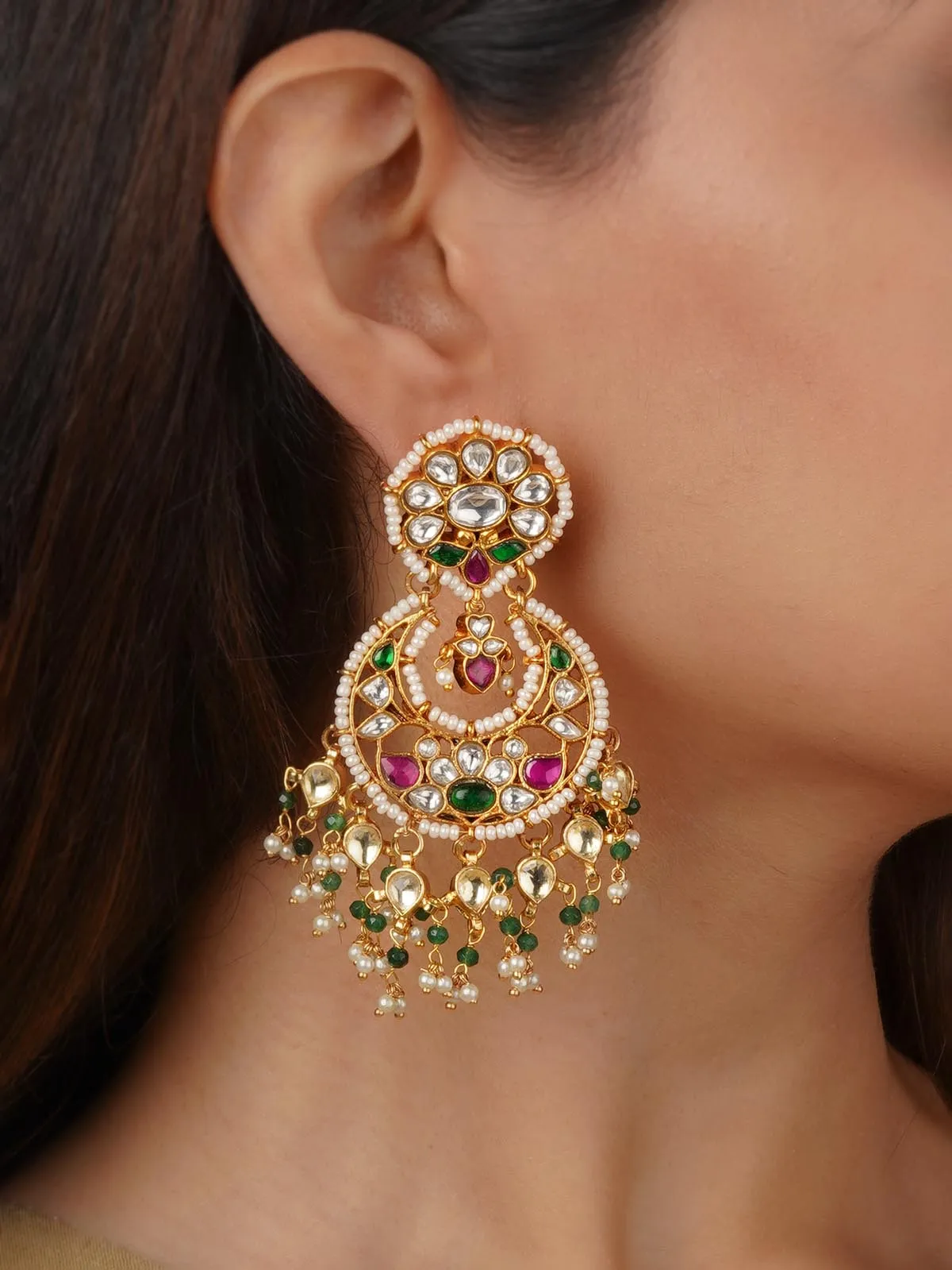 Multicolor Gold Plated Jadau Kundan Earrings - ME977M