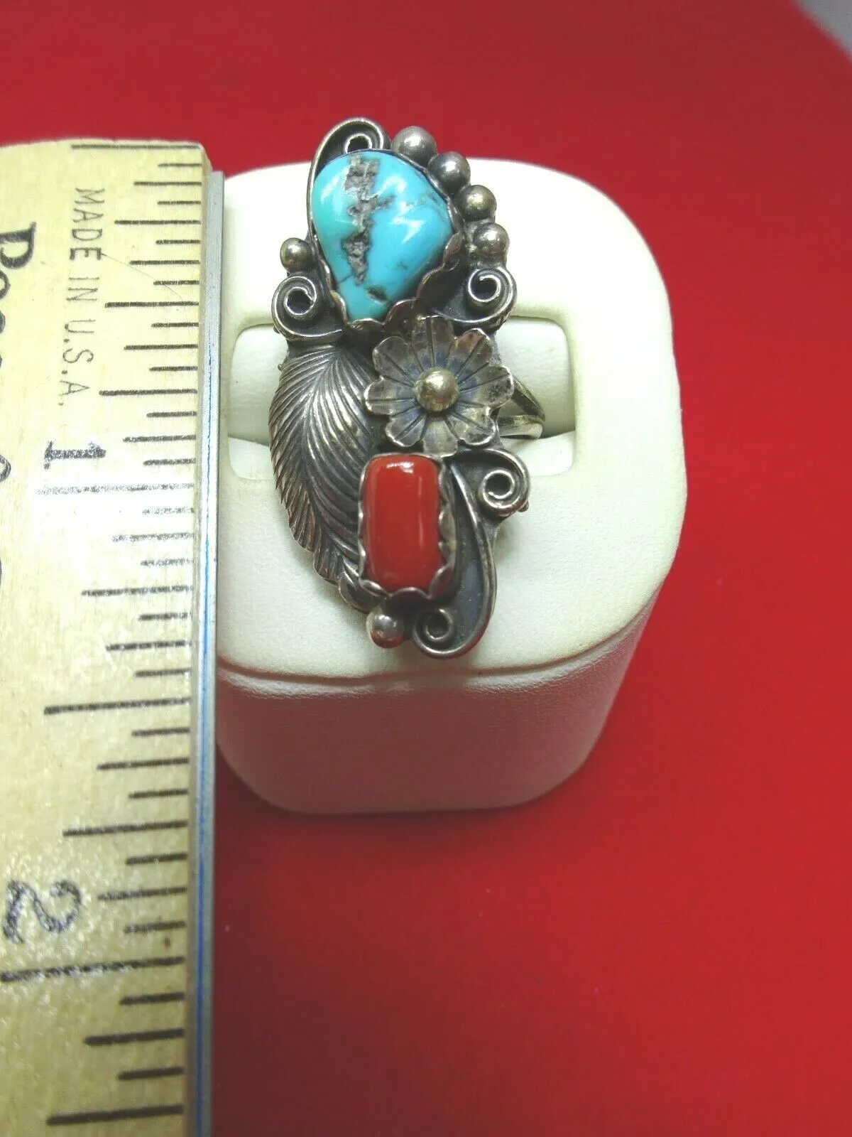 Old Pawn Native American Navajo Sterling Silver Turquoise Coral Ring, Angela Lee