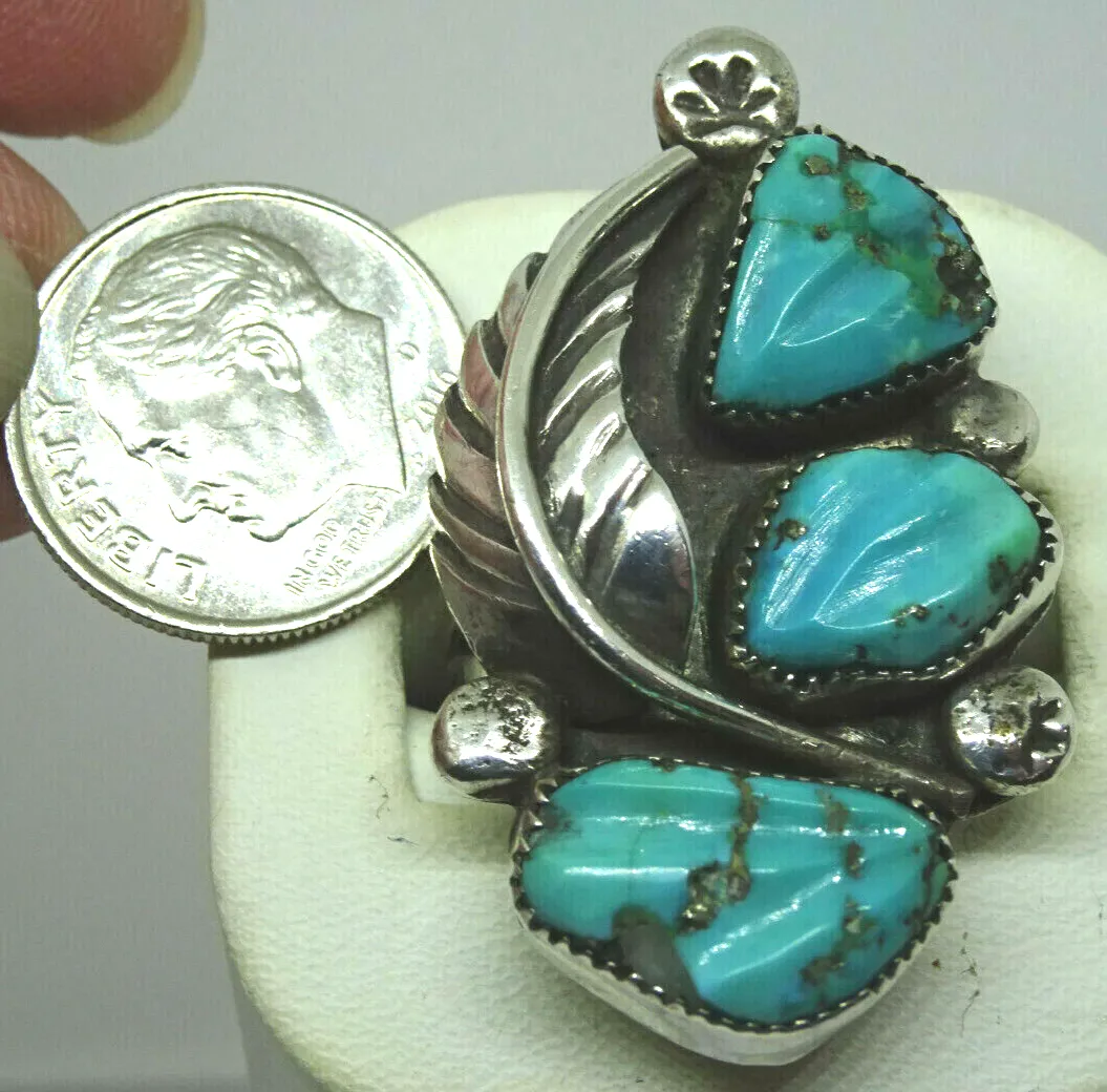 Old Pawn SIGNED ZUNI Sterling Silver & Turquoise Ring, FE Signed, Sz. 6.5