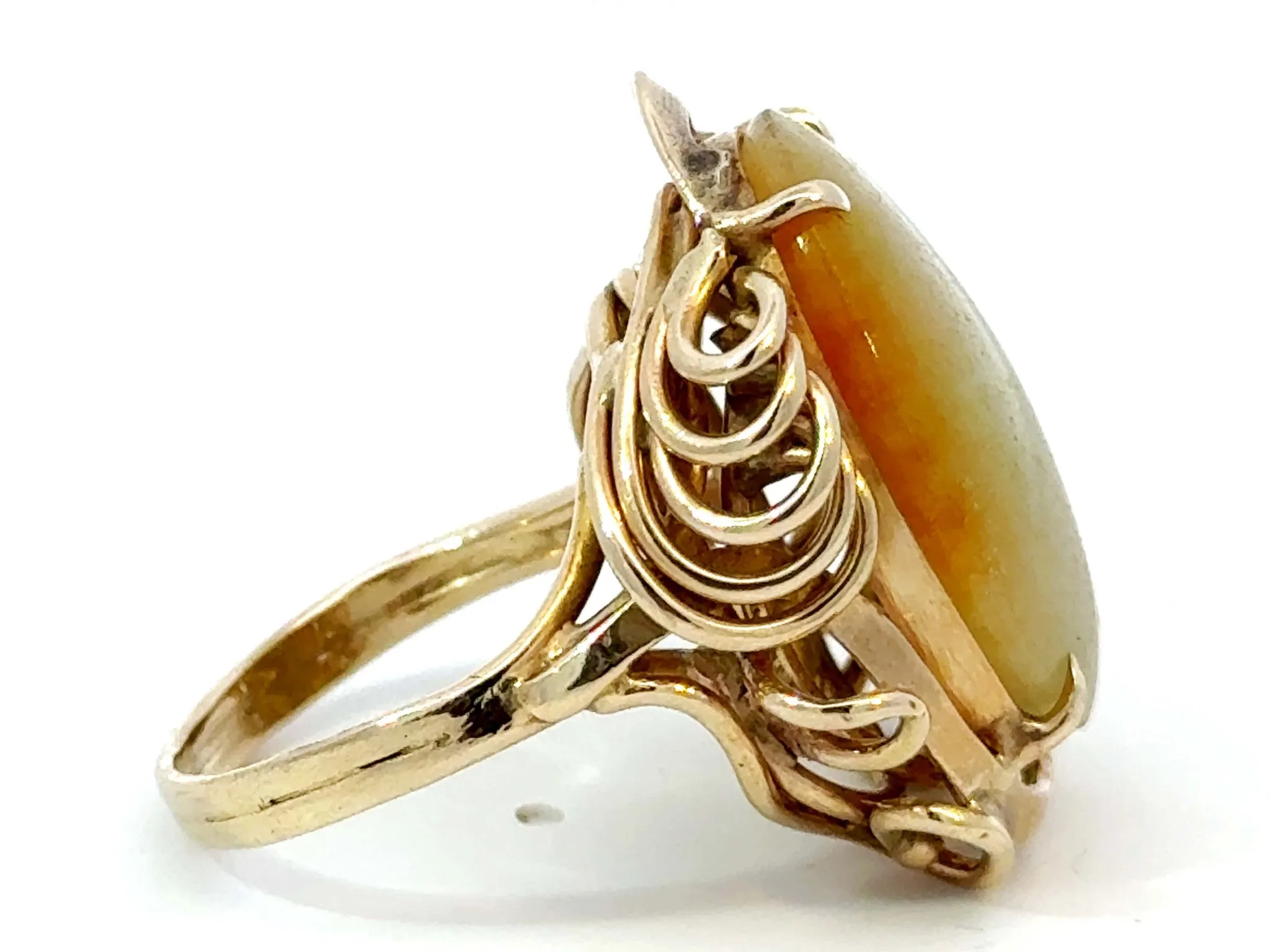 Oval Pale Green and Brown Jade Ring 14k Yellow Gold