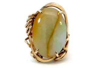 Oval Pale Green and Brown Jade Ring 14k Yellow Gold