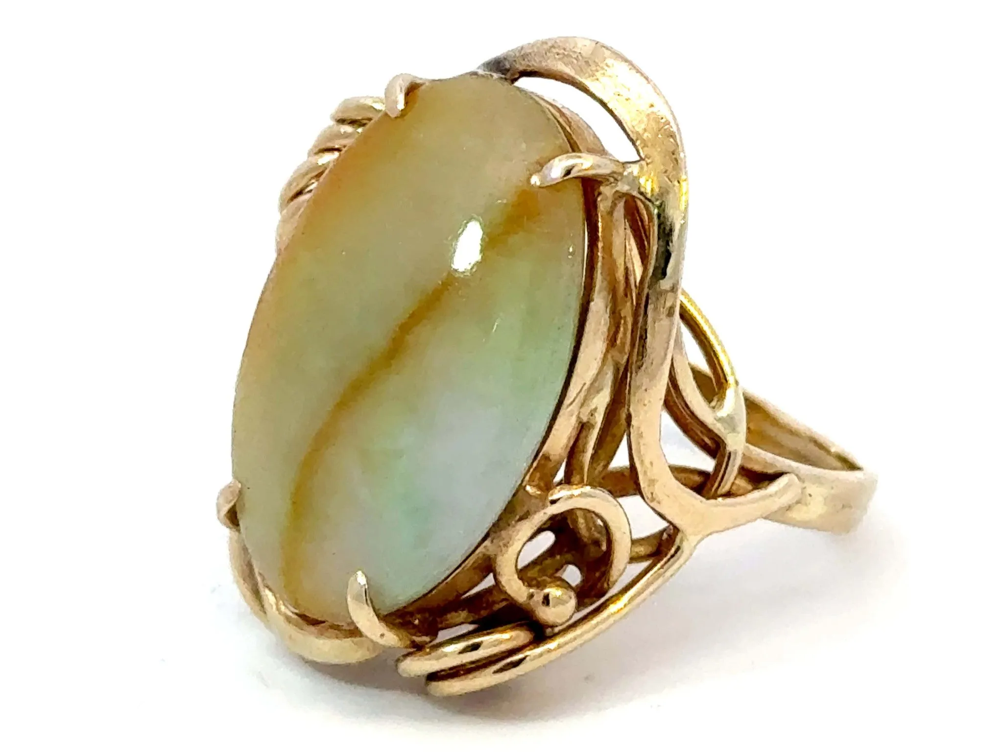 Oval Pale Green and Brown Jade Ring 14k Yellow Gold