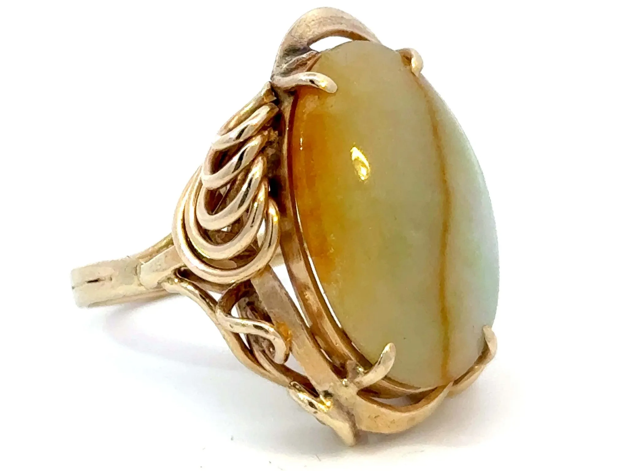 Oval Pale Green and Brown Jade Ring 14k Yellow Gold