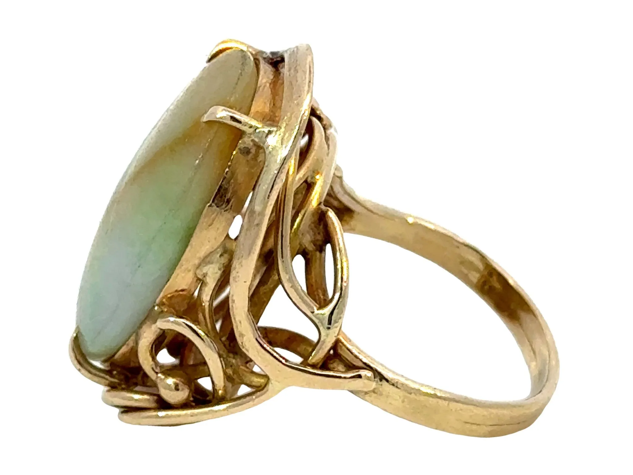 Oval Pale Green and Brown Jade Ring 14k Yellow Gold