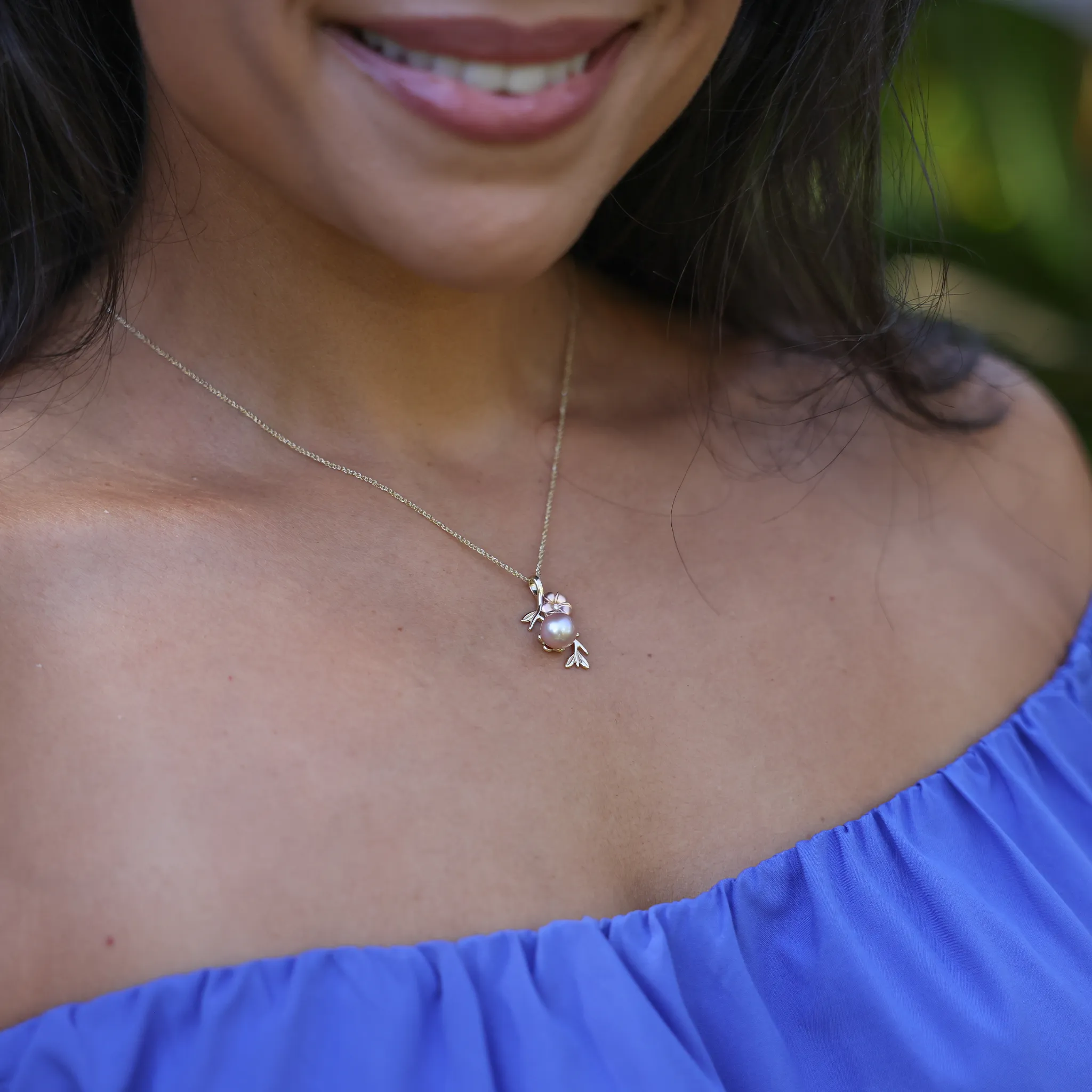 Pearls in Bloom Plumeria Lavender Freshwater Pearl Pendant in Two Tone Gold with Diamonds - 25mm