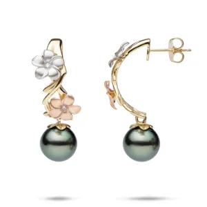 Pearls in Bloom Plumeria Tahitian Black Pearl Earrings in Tri Color Gold with Diamonds - 23mm