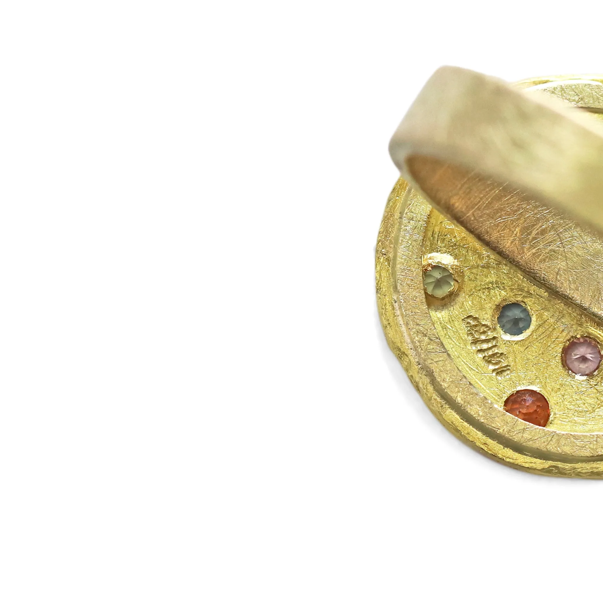 Petra Class Multicolored Sapphires 22k Gold One of a Kind Lava Disc Ring