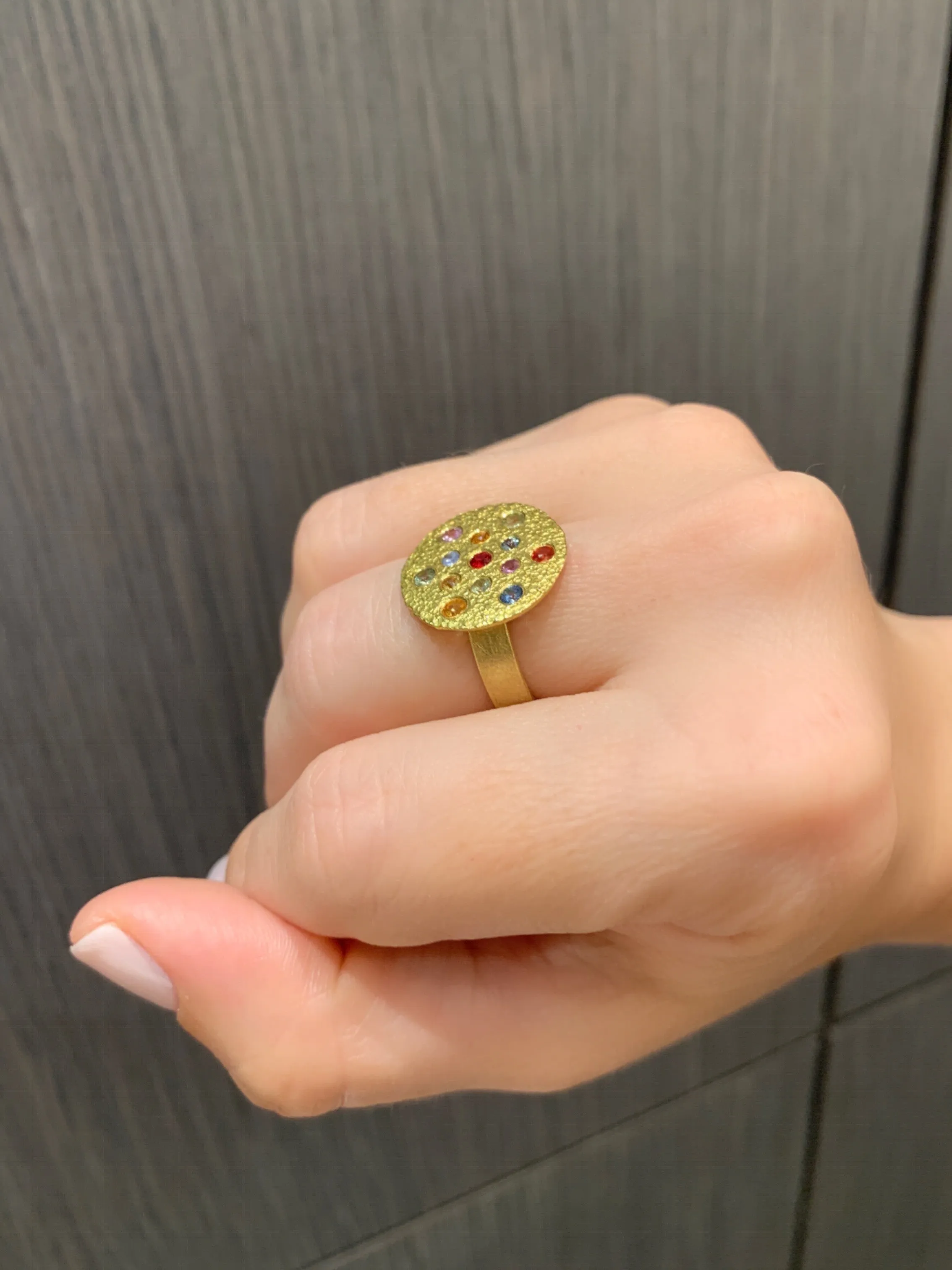Petra Class Multicolored Sapphires 22k Gold One of a Kind Lava Disc Ring