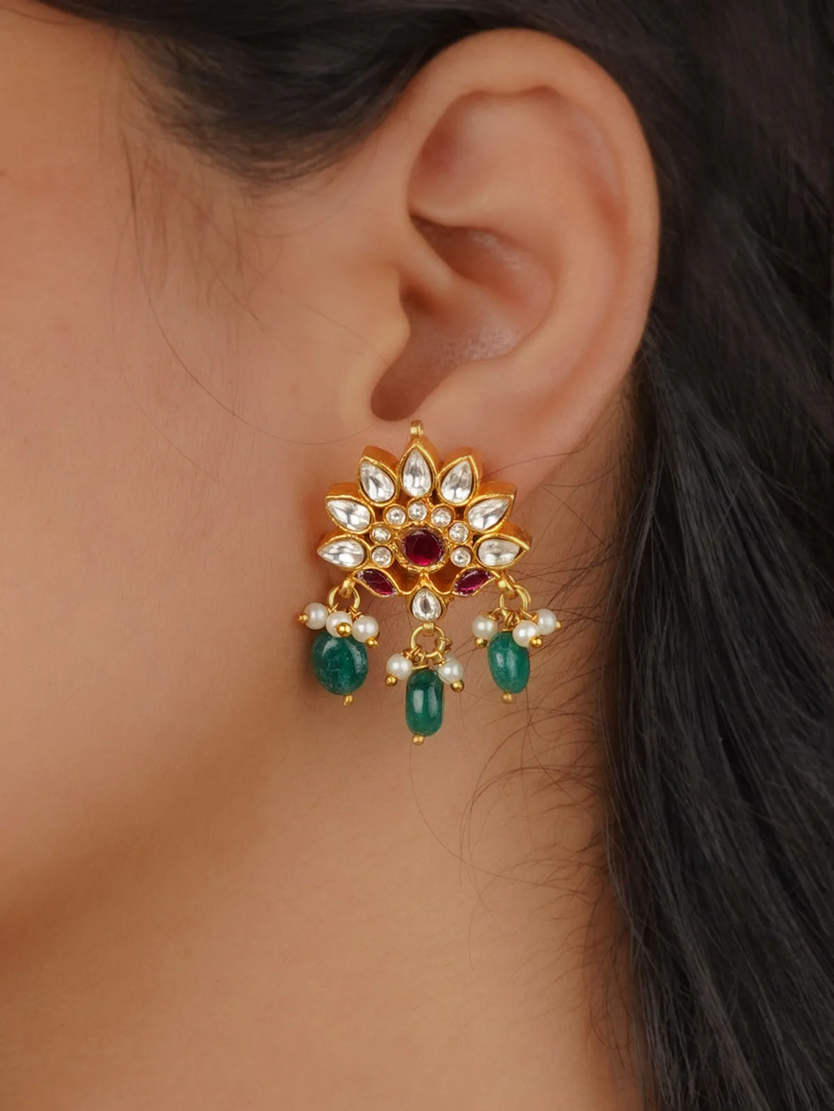 Pink Color Gold Plated Temple Earrings - TMPEAR95WP