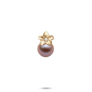 Plumeria Lilac Freshwater Pearl Pendant in Gold with Diamond - 9-10mm