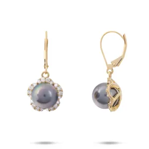 Plumeria Tahitian Black Pearl Earrings in Gold with Diamonds - 9-10mm