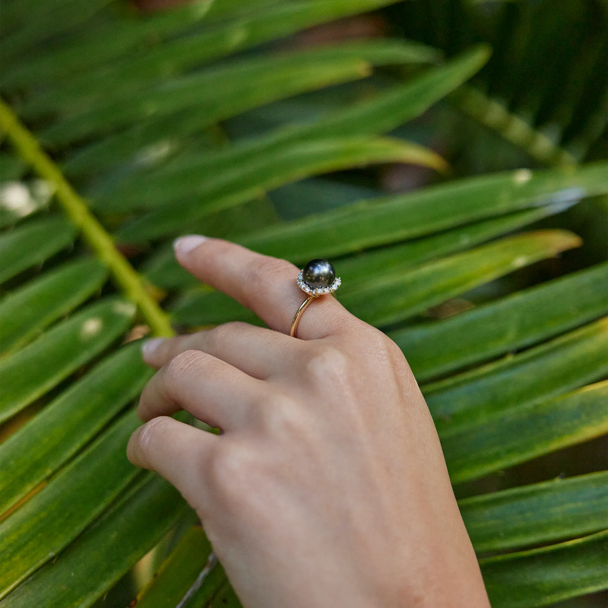 Plumeria Tahitian Black Pearl Ring in Gold with Diamonds - 9-10mm