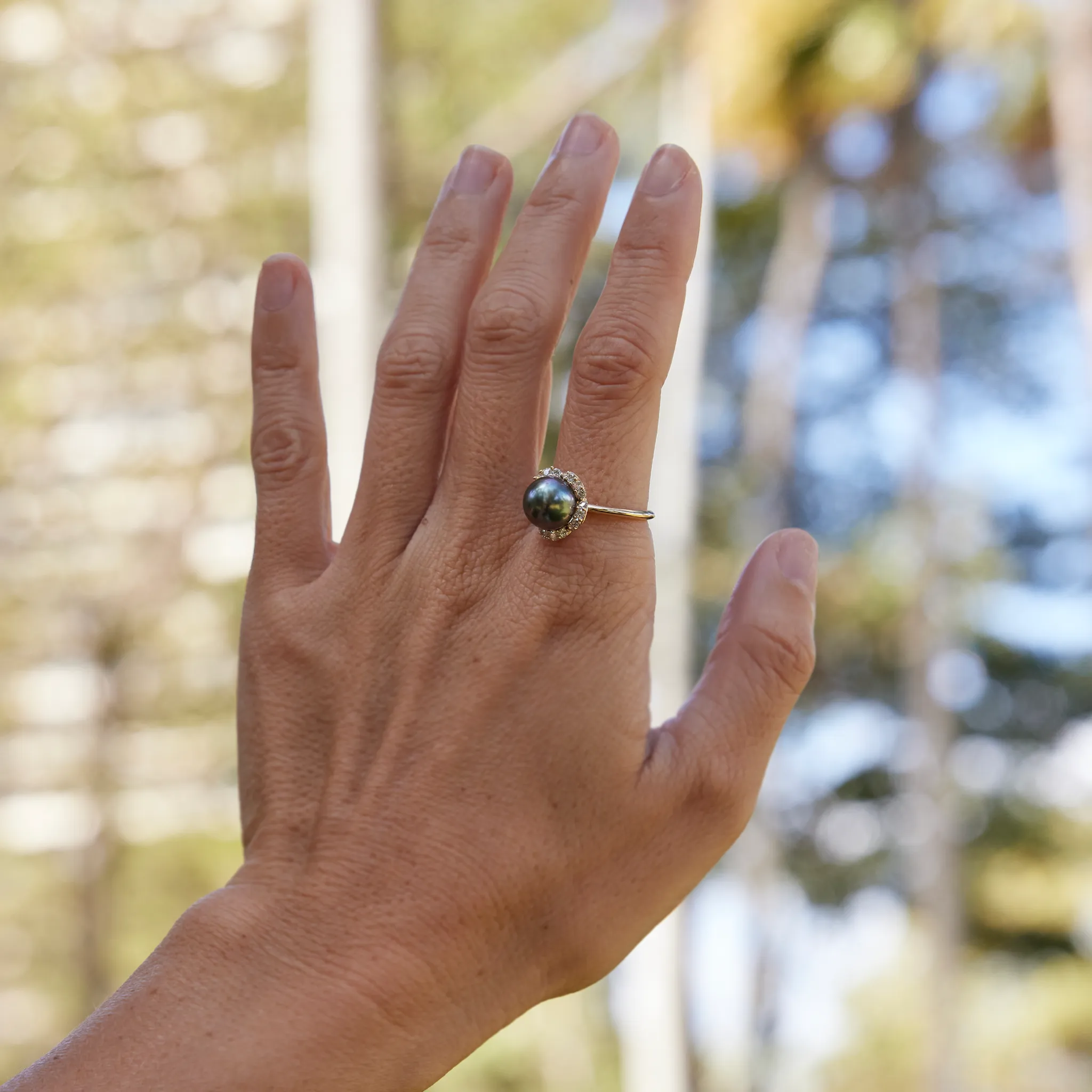 Plumeria Tahitian Black Pearl Ring in Gold with Diamonds - 9-10mm