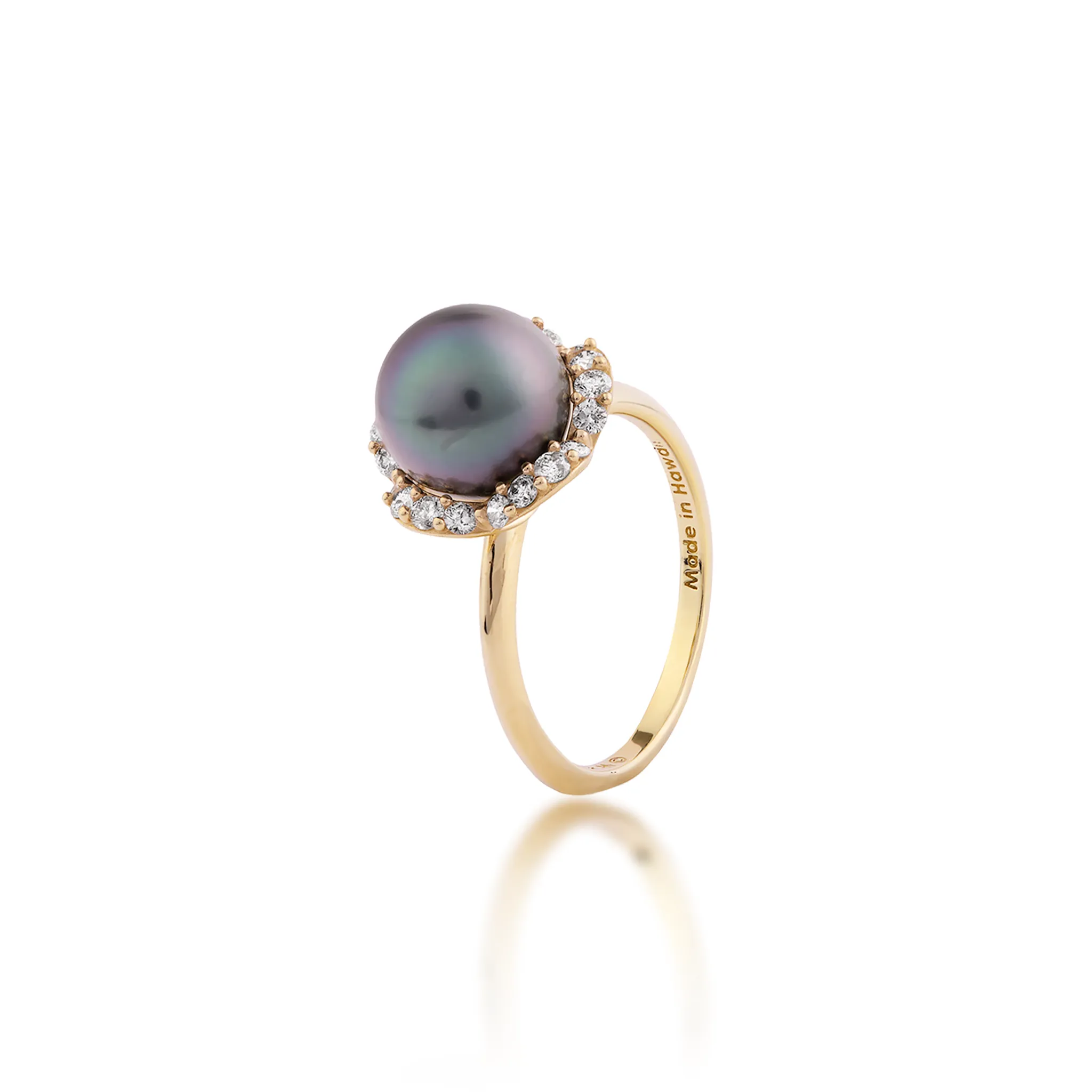Plumeria Tahitian Black Pearl Ring in Gold with Diamonds - 9-10mm