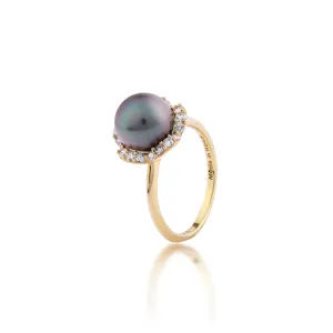 Plumeria Tahitian Black Pearl Ring in Gold with Diamonds - 9-10mm