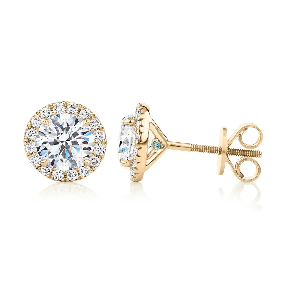 Premium Certified Lab-Grown Diamond, 2.35 carat TW round brilliant halo earrings in 18 carat yellow gold