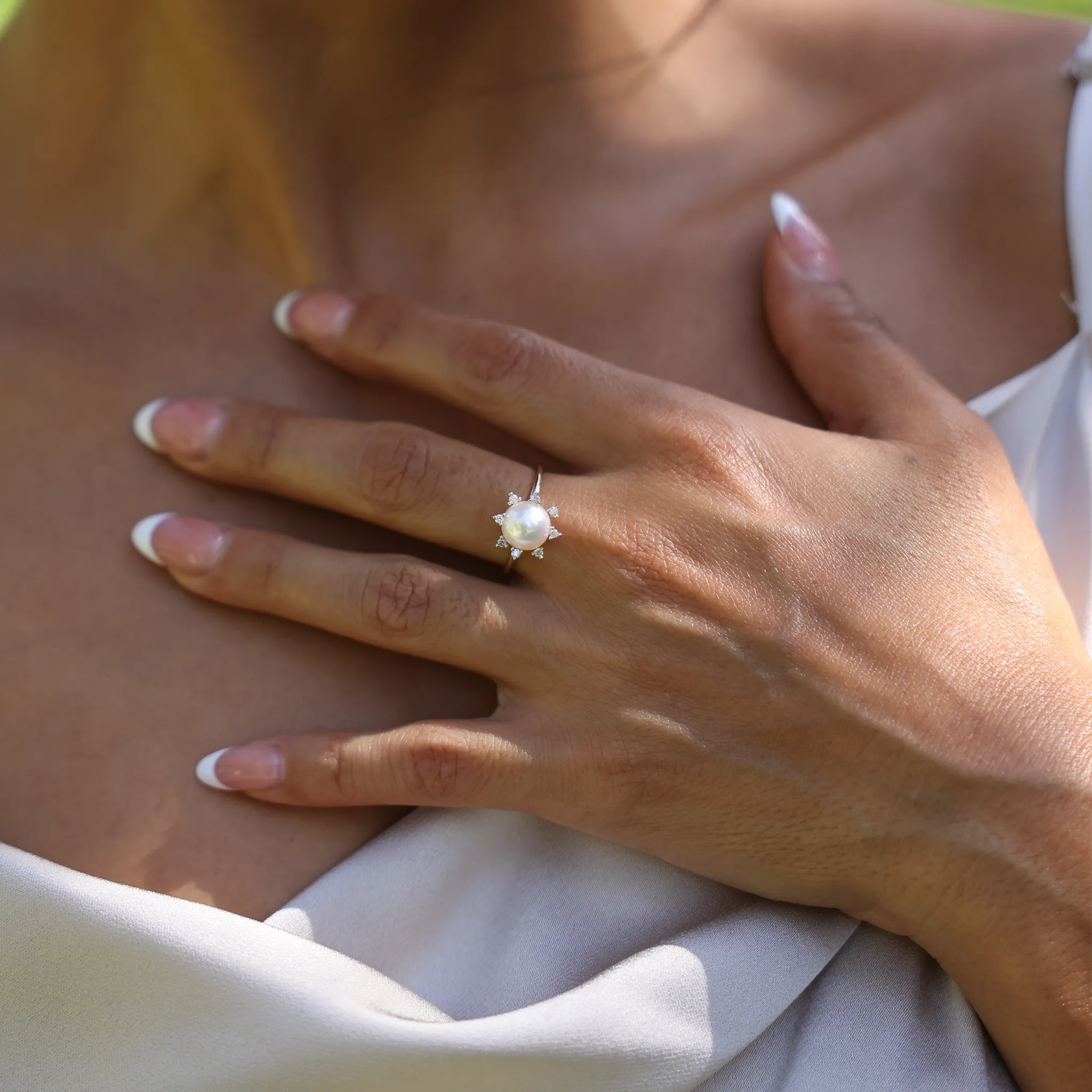Protea Akoya White Pearl Ring in Gold with Diamonds - 8mm