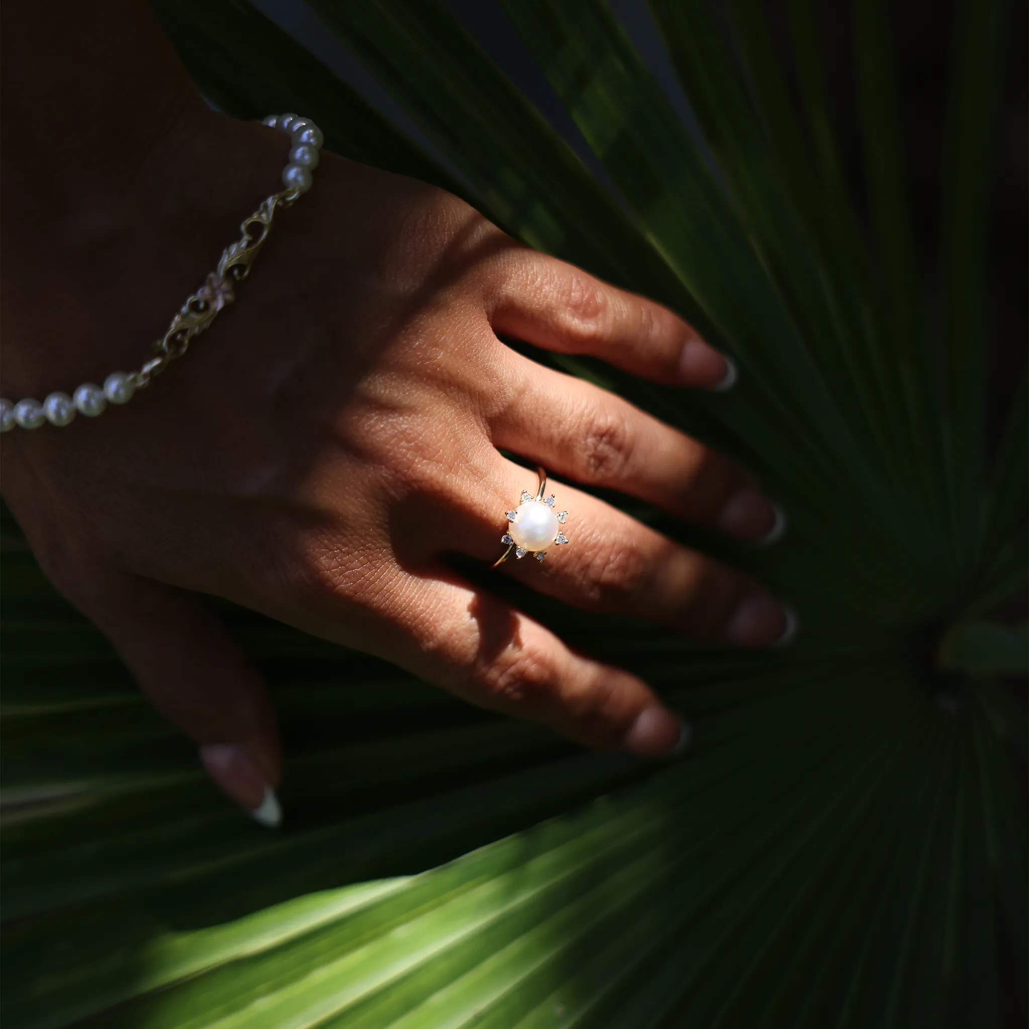 Protea Akoya White Pearl Ring in Gold with Diamonds - 8mm