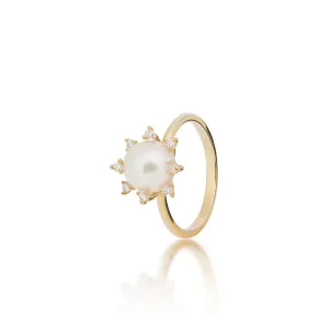 Protea Akoya White Pearl Ring in Gold with Diamonds - 8mm