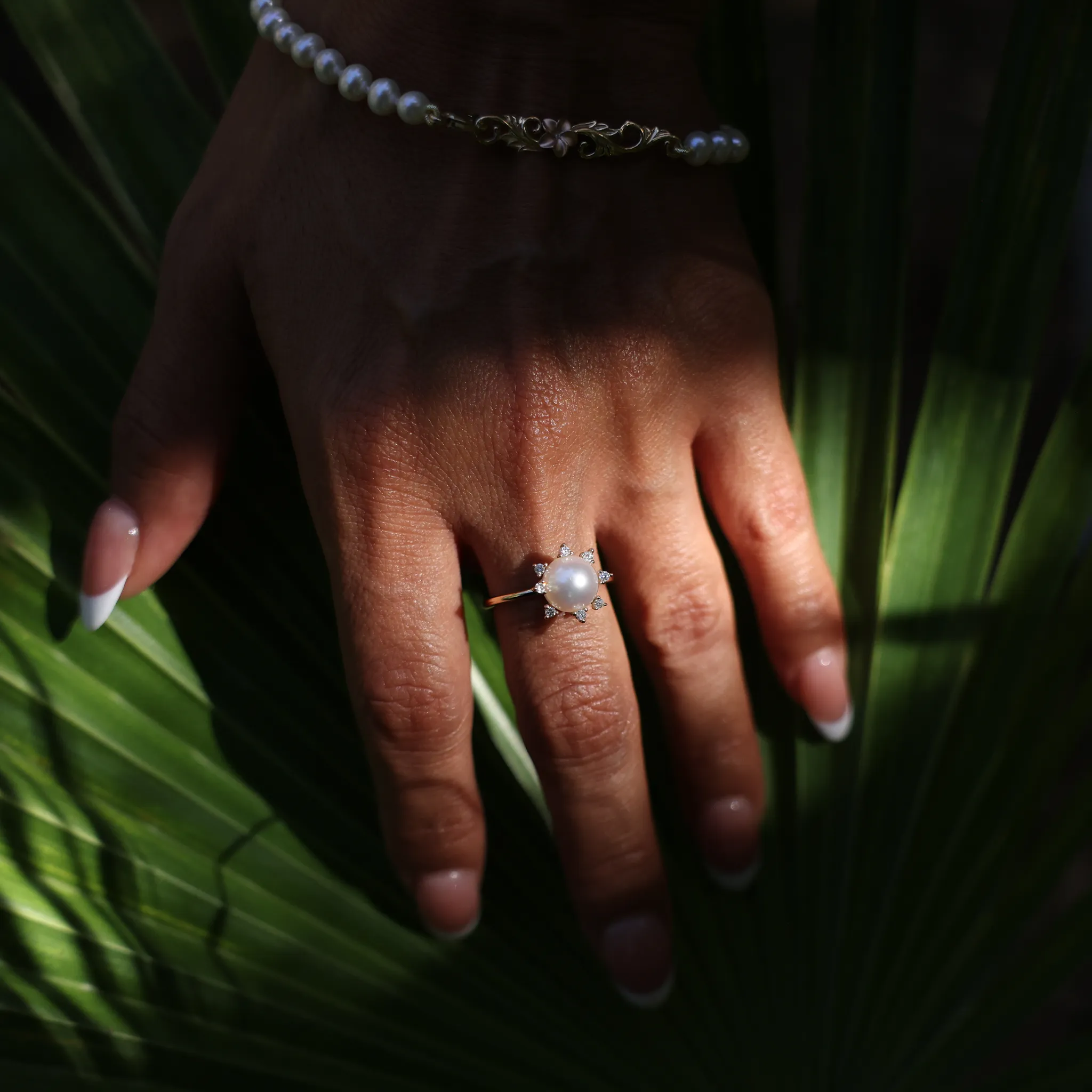 Protea Akoya White Pearl Ring in Gold with Diamonds - 8mm