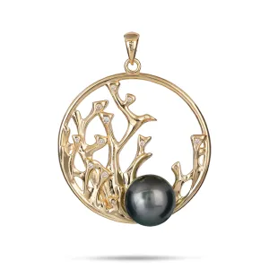 Reefs Tahitian Black Pearl Pendant in Gold with Diamonds - 30mm