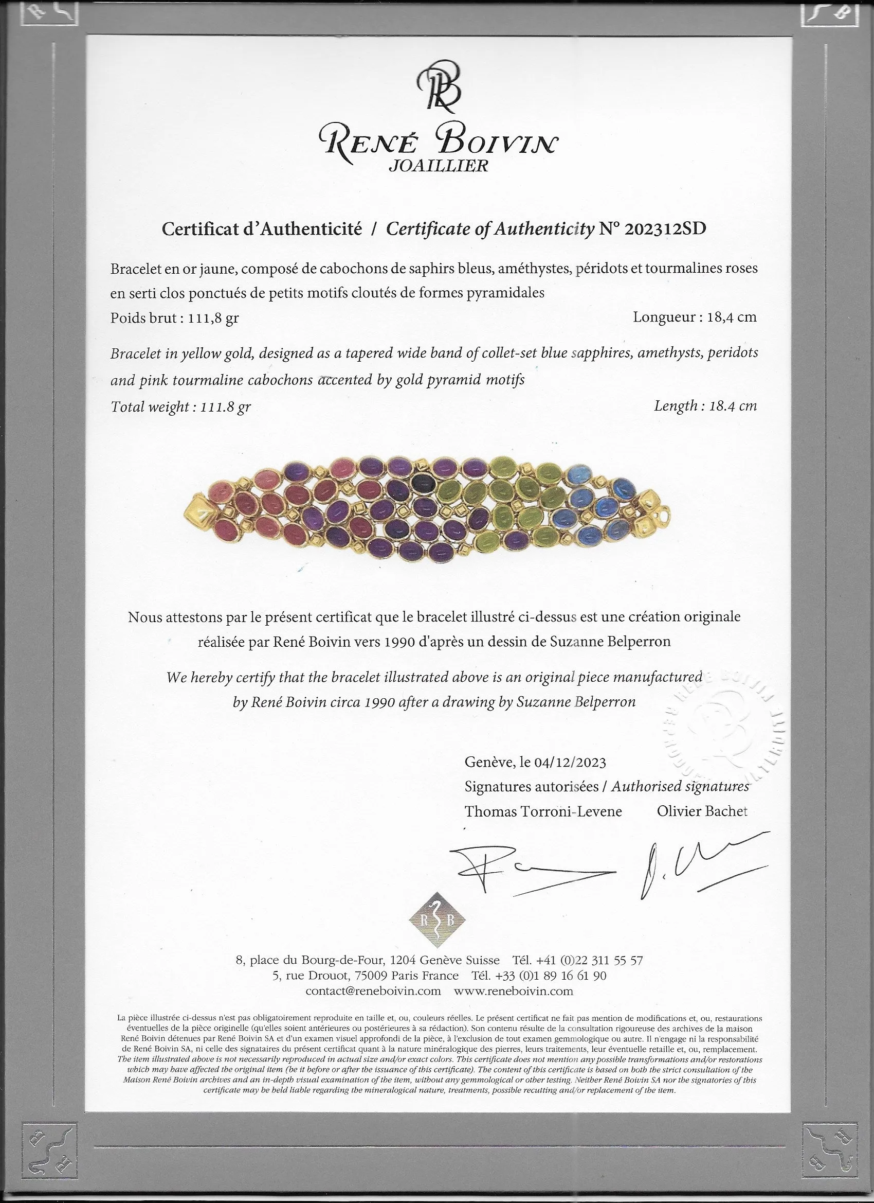 Ren?? Boivin Sapphire, Pink Tourmaline, Peridot and Amethyst Bracelet