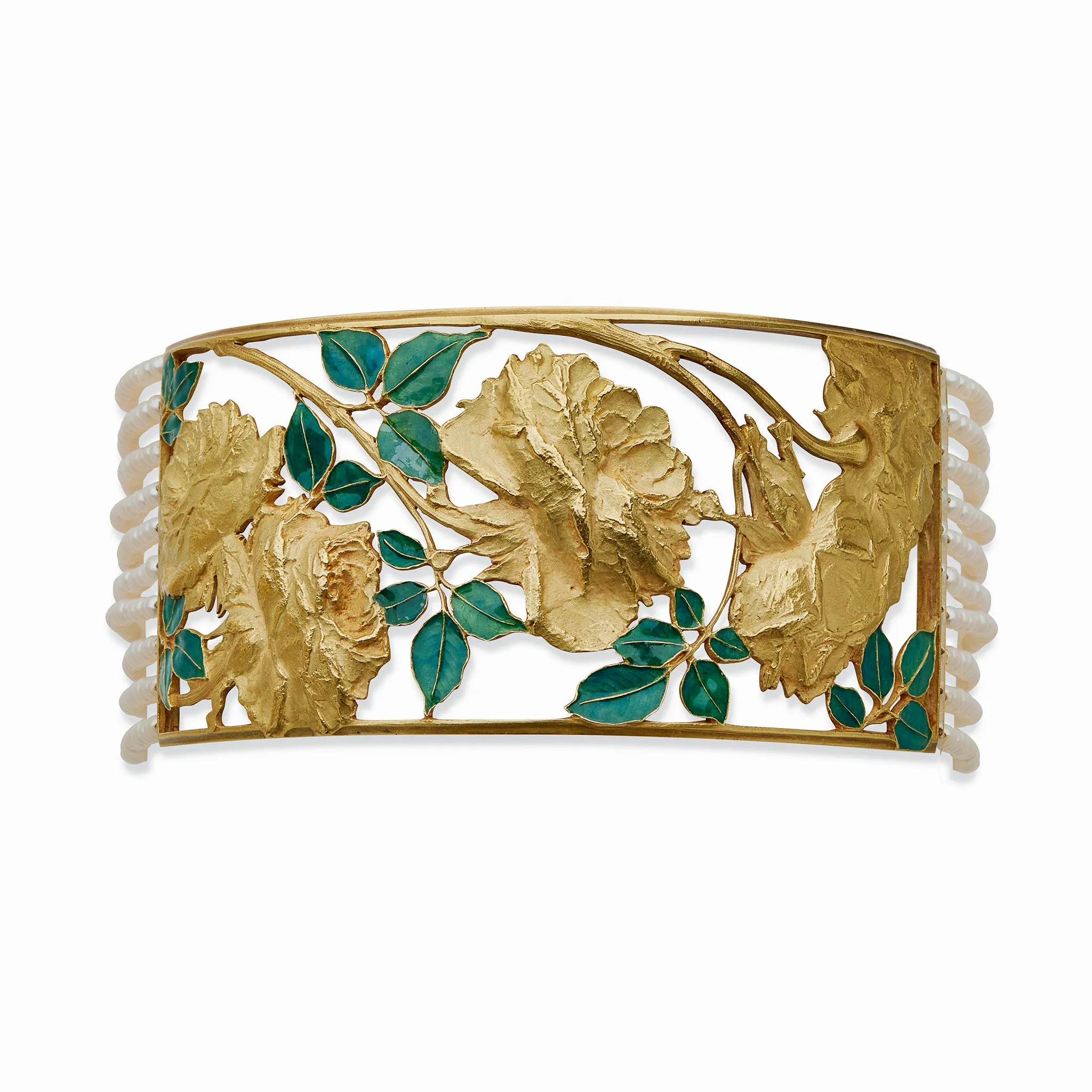 Ren?? Lalique Art Nouveau 18K Gold, Enamel and Seed Pearl "Collier de chien" Necklace