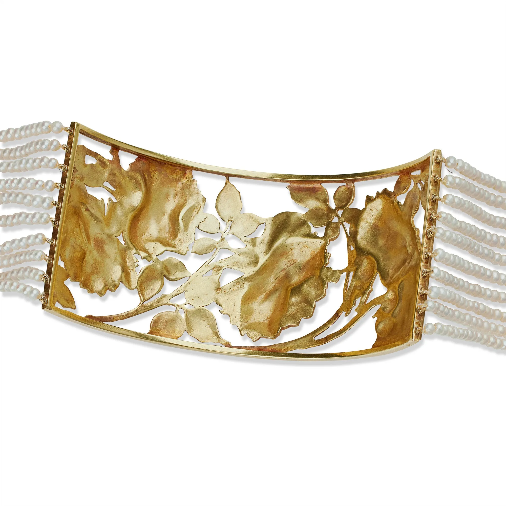 Ren?? Lalique Art Nouveau 18K Gold, Enamel and Seed Pearl "Collier de chien" Necklace