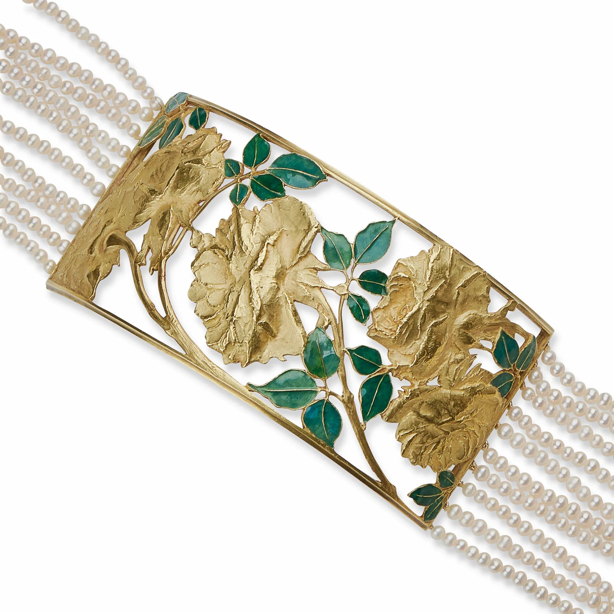 Ren?? Lalique Art Nouveau 18K Gold, Enamel and Seed Pearl "Collier de chien" Necklace