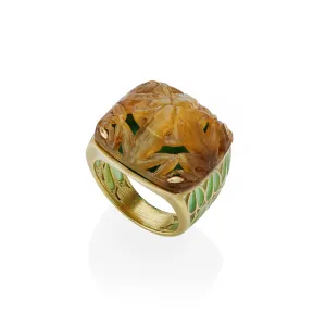 Ren?? Lalique Art Nouveau Carved Horn and Plique-??-jour Enamel  "Grenouilles" or Frogs Ring